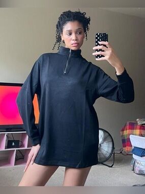 Black mock neck quarter zip up sweatshirt dress / oversized sweatshirt